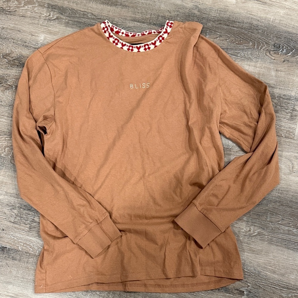 PAC Sun Brown Long Sleeve Shirt with Red geometric Collar sz l
